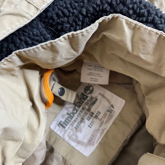 Timberland Stratham Issue Jacket Men Small Tan Khaki Removable Hood Full Zip - Picture 9 of 16